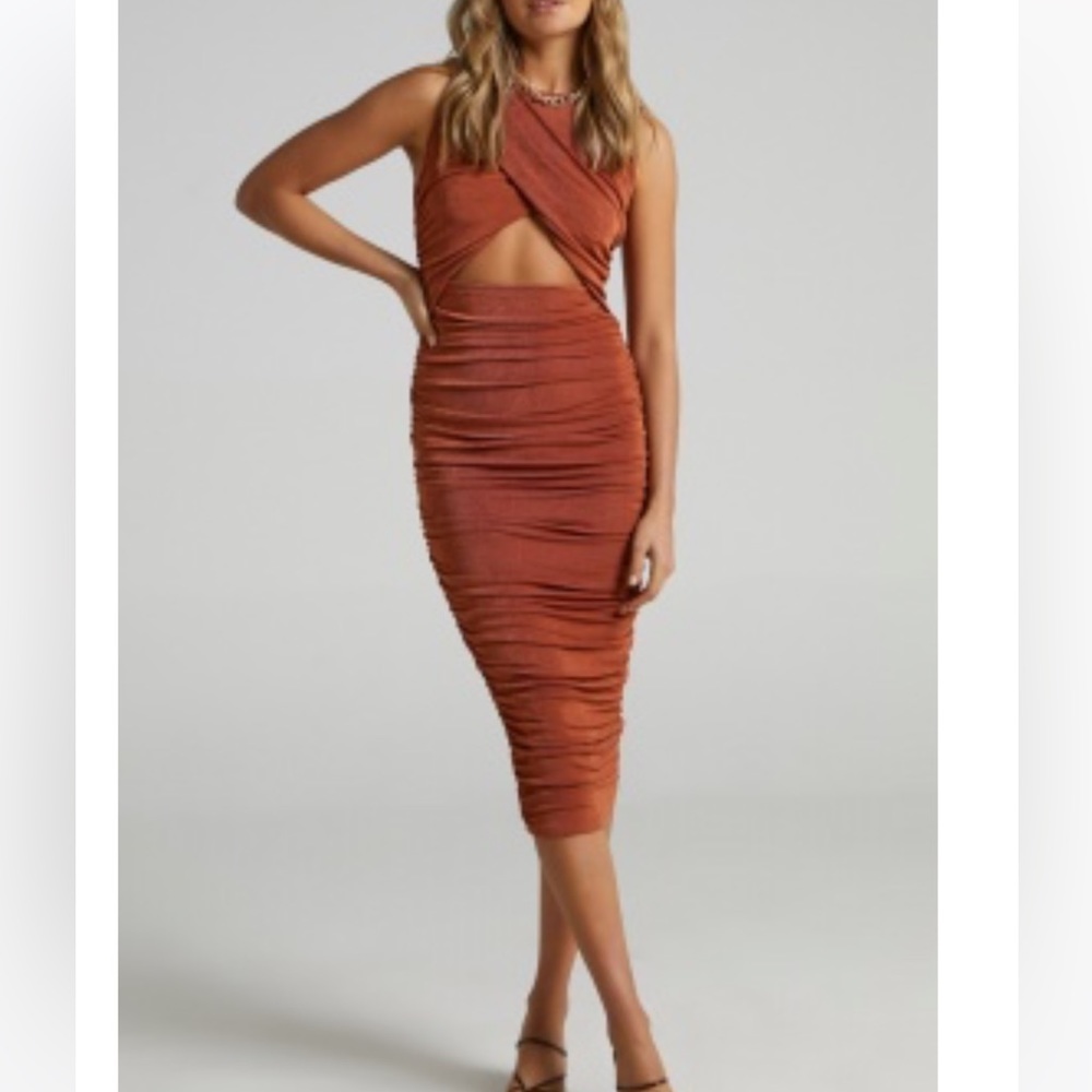Showpo Rust Brown Ruched Midi Dress with Cutout